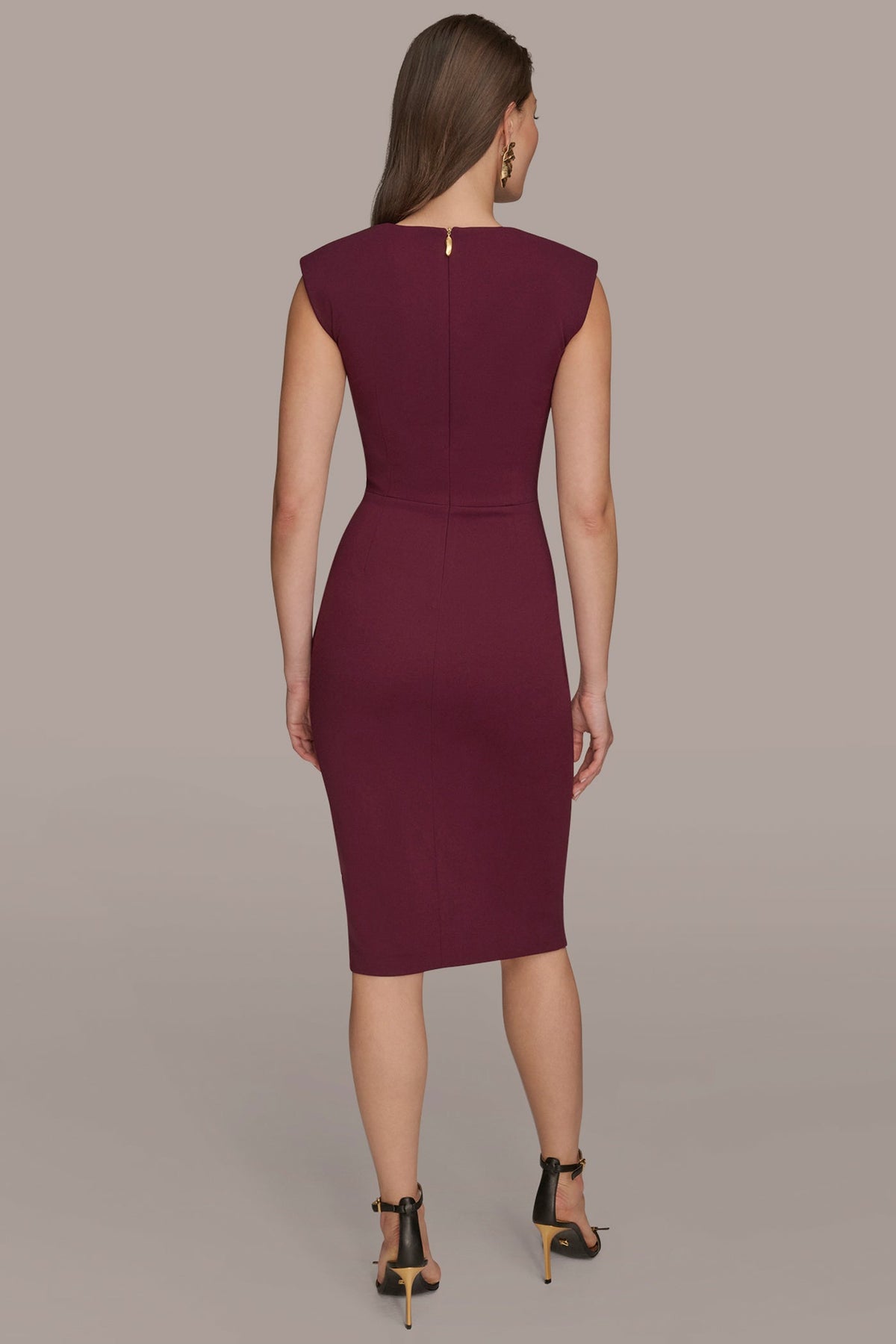 SLEEVELESS SPLIT-FRONT MIDI SHEATH DRESS