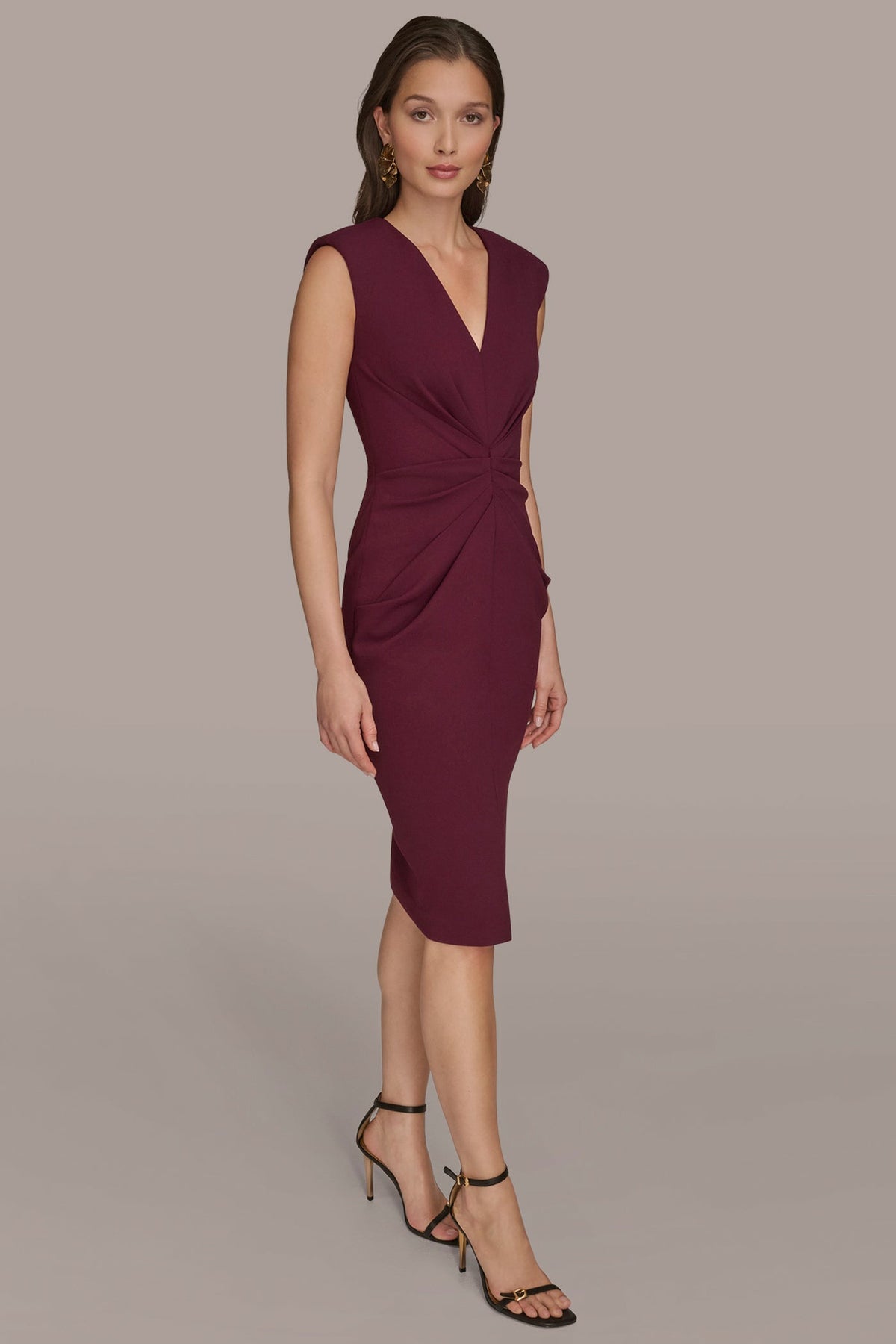 SLEEVELESS SPLIT-FRONT MIDI SHEATH DRESS