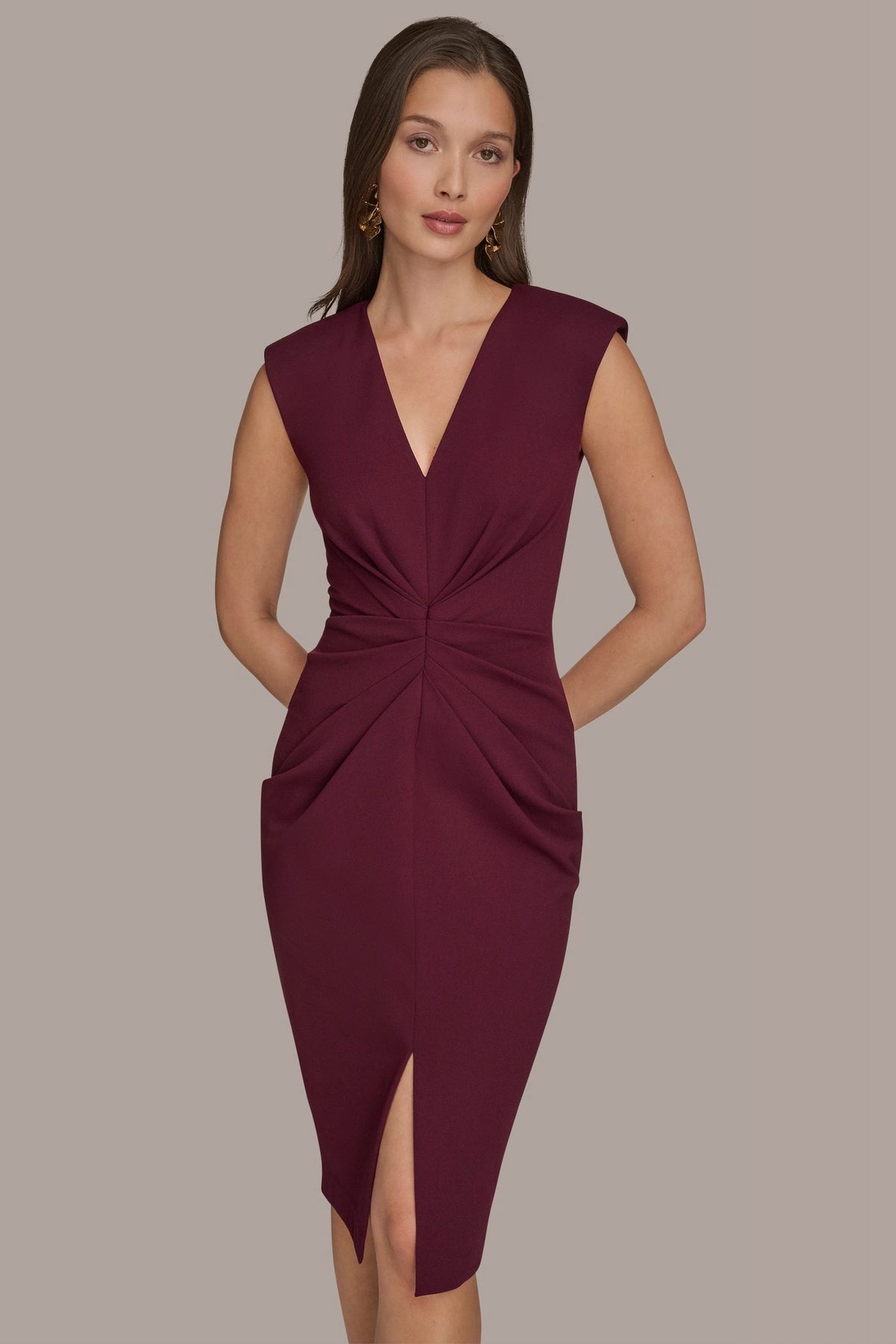 SLEEVELESS SPLIT-FRONT MIDI SHEATH DRESS