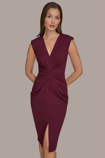 SLEEVELESS SPLIT-FRONT MIDI SHEATH DRESS