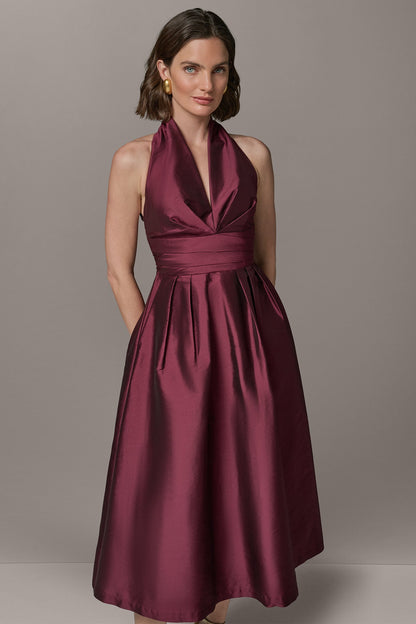 SLEEVELESS V-NECK TAFFETA MIDI COCKTAIL DRESS