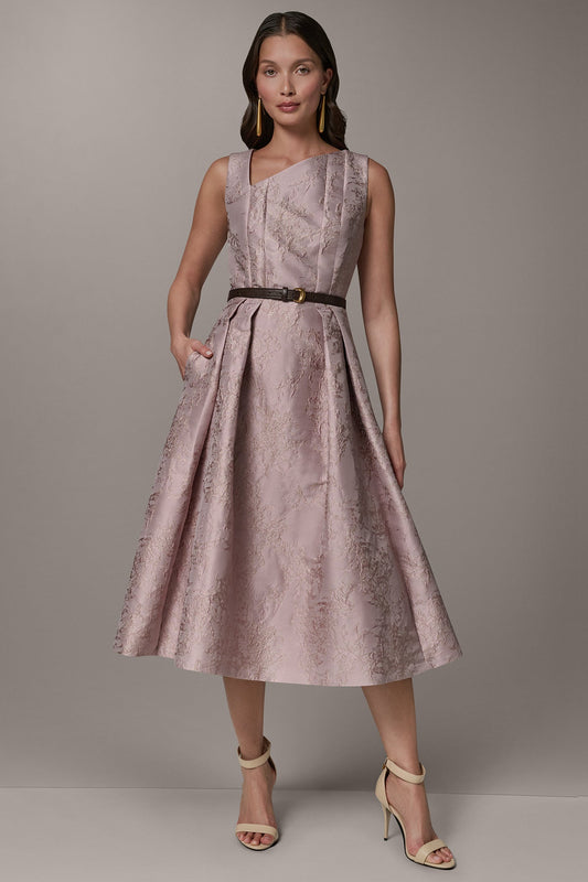 SLEEVELESS ASYMMETRIC MIDI FIT AND FLARE DRESS