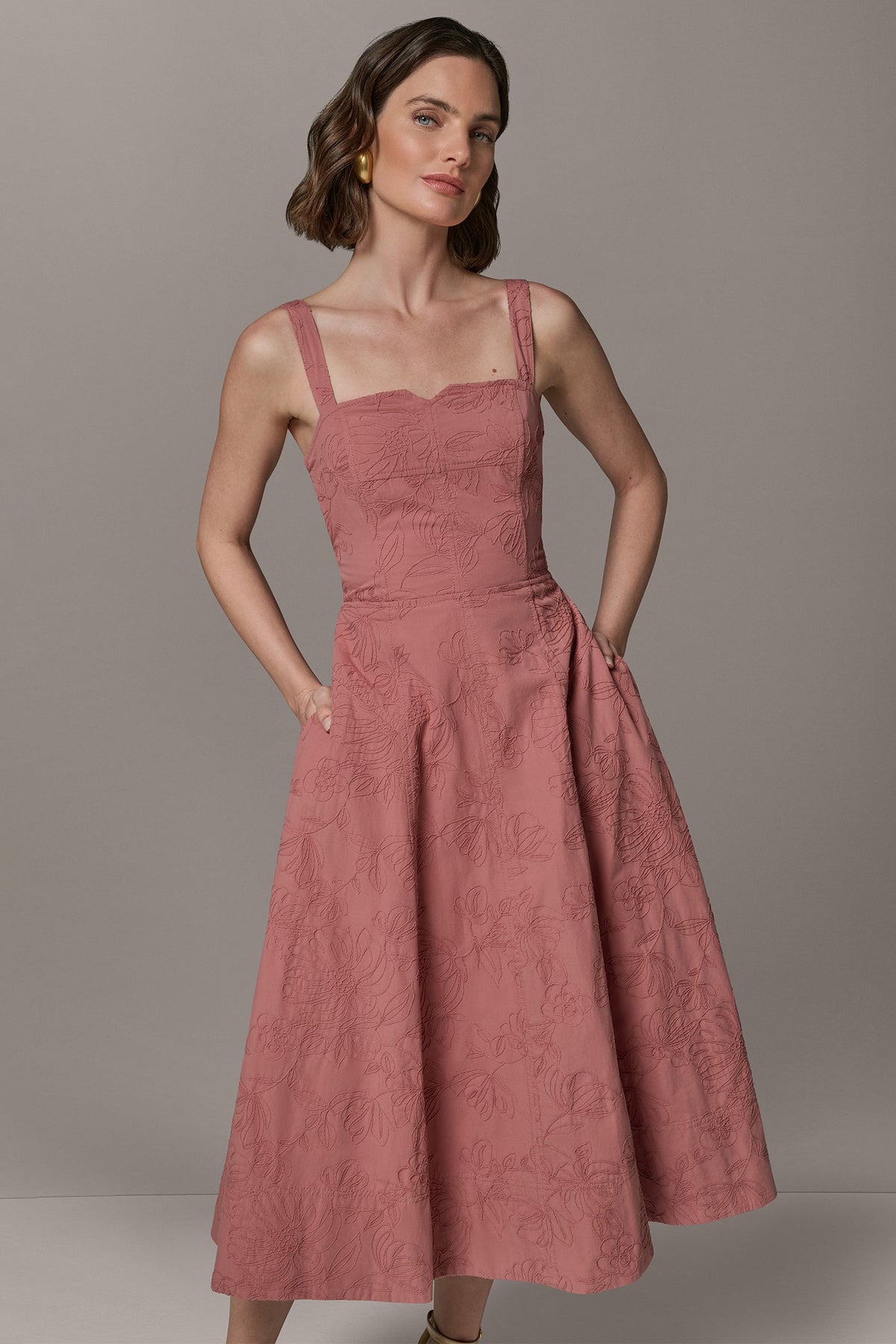 SLEEVELESS MIDI FIT AND FLARE DRESS