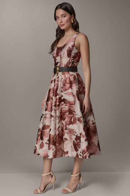 SLEEVELESS FLORAL MIDI FIT AND FLARE DRESS