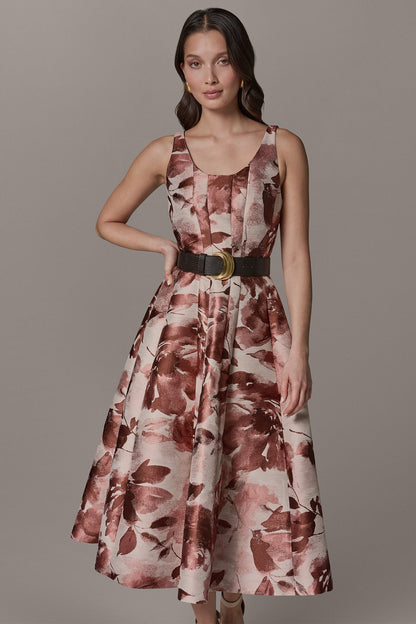 SLEEVELESS FLORAL MIDI FIT AND FLARE DRESS