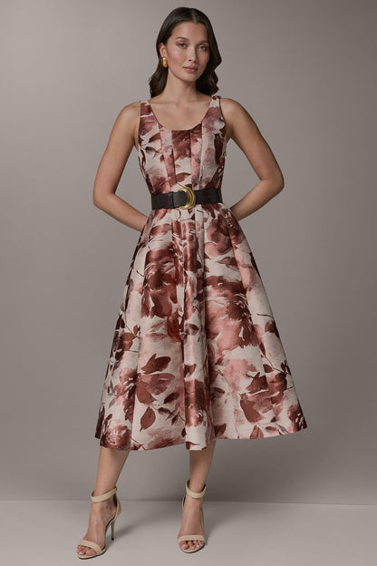 SLEEVELESS FLORAL MIDI FIT AND FLARE DRESS