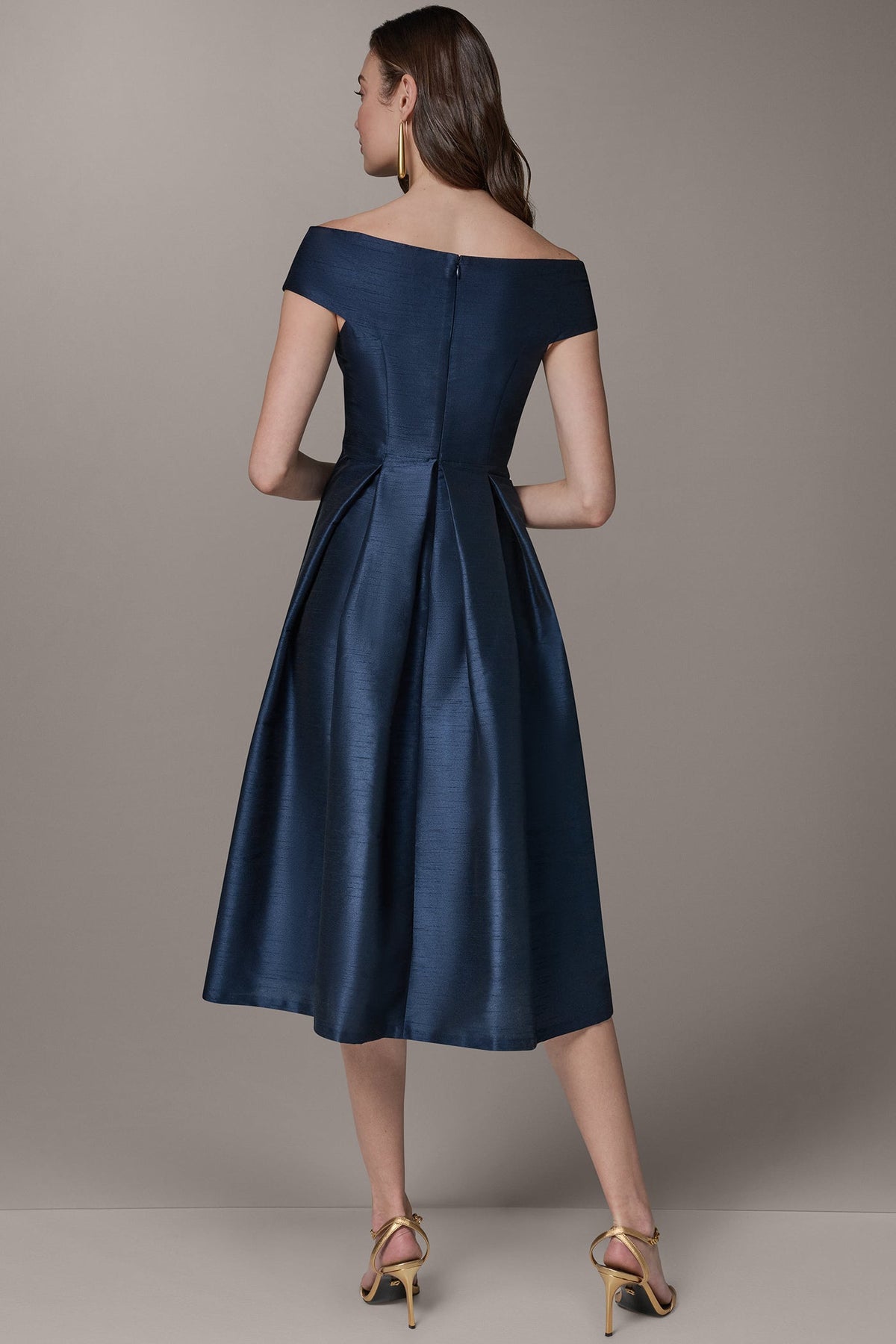OFF THE SHOULDER MIDI FIT AND FLARE DRESS