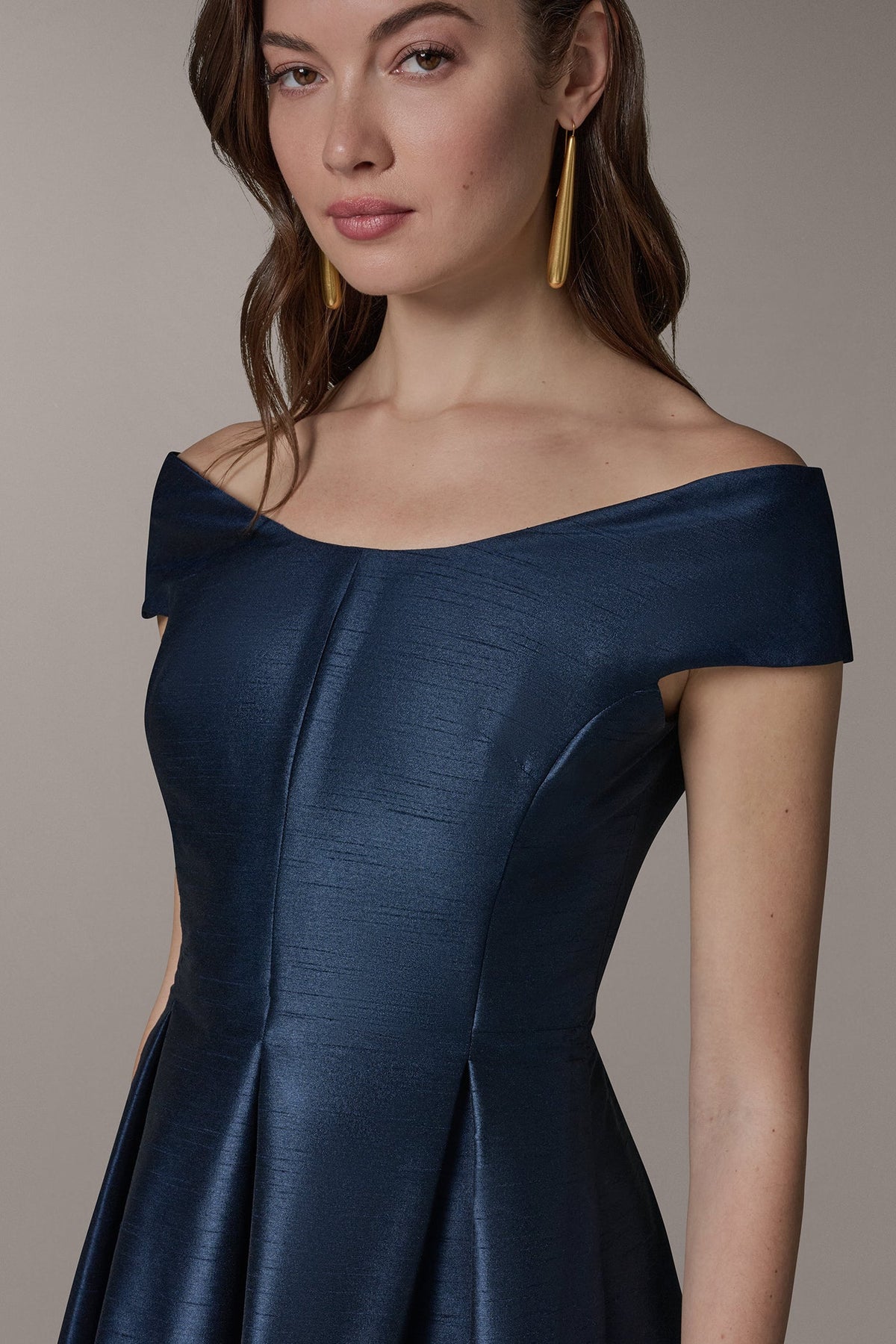 OFF THE SHOULDER MIDI FIT AND FLARE DRESS
