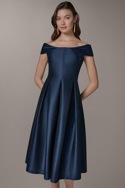 OFF THE SHOULDER MIDI FIT AND FLARE DRESS