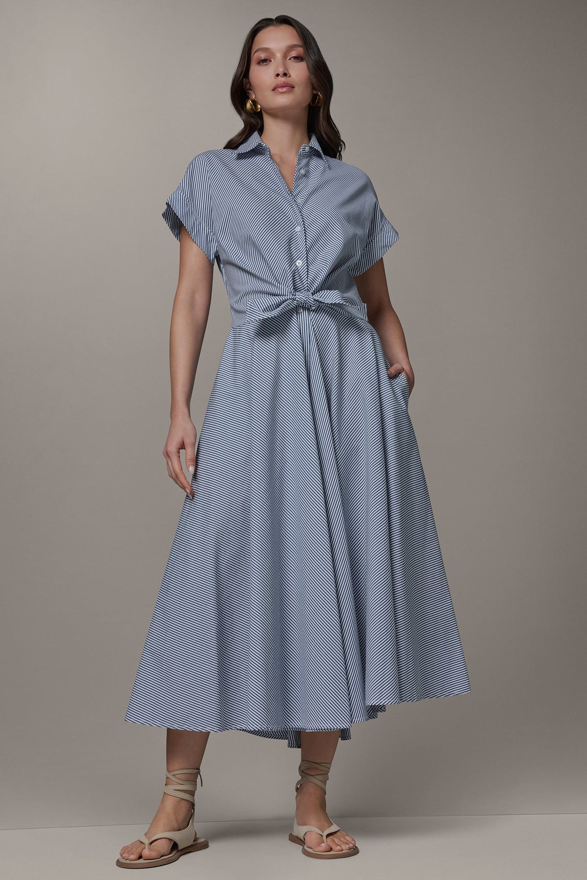 SHORT SLEEVE STRIPE TIE FRONT MAXI SHIRT DRESS