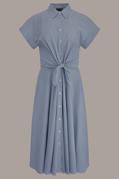 SHORT SLEEVE STRIPE TIE FRONT MAXI SHIRT DRESS