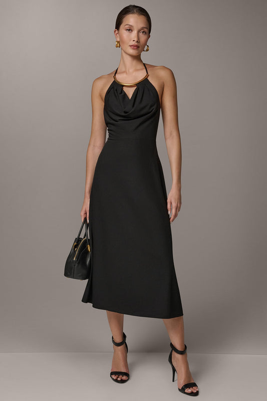 SLEEVELESS COWL NECK MIDI HALTER DRESS
