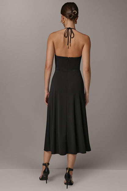 SLEEVELESS COWL NECK MIDI HALTER DRESS