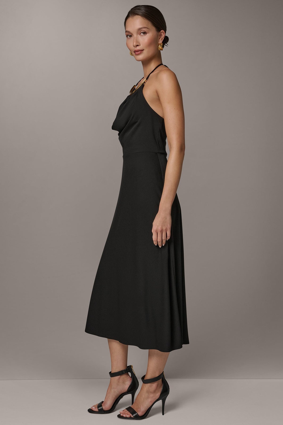 SLEEVELESS COWL NECK MIDI HALTER DRESS