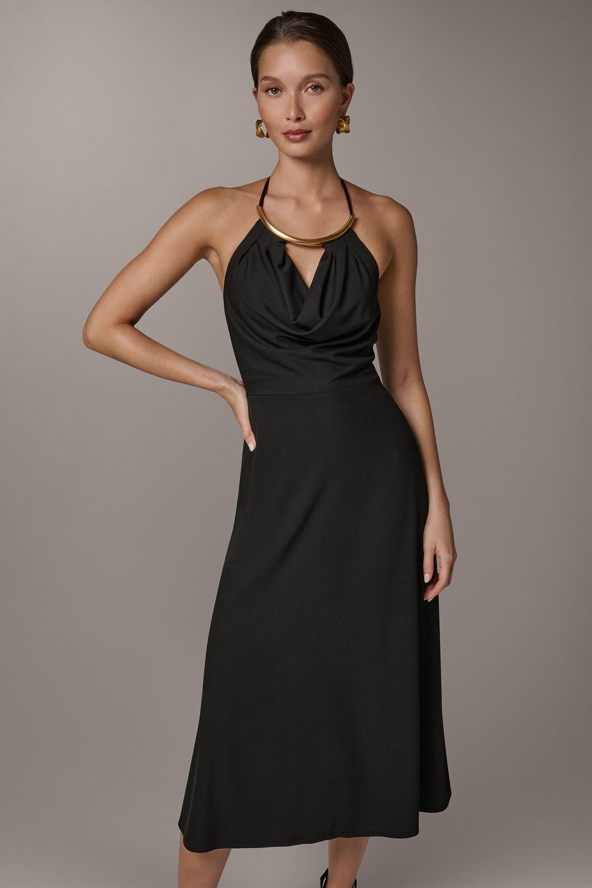 SLEEVELESS COWL NECK MIDI HALTER DRESS