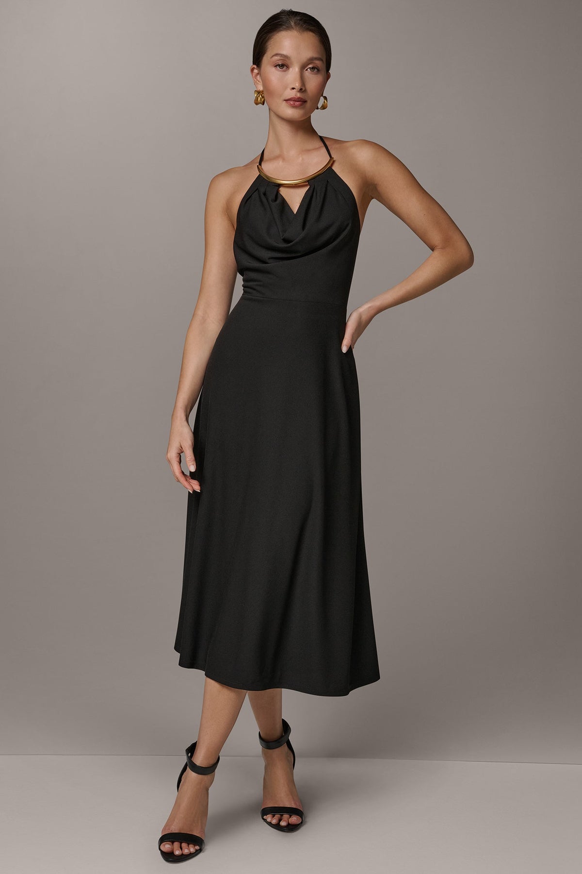SLEEVELESS COWL NECK MIDI HALTER DRESS