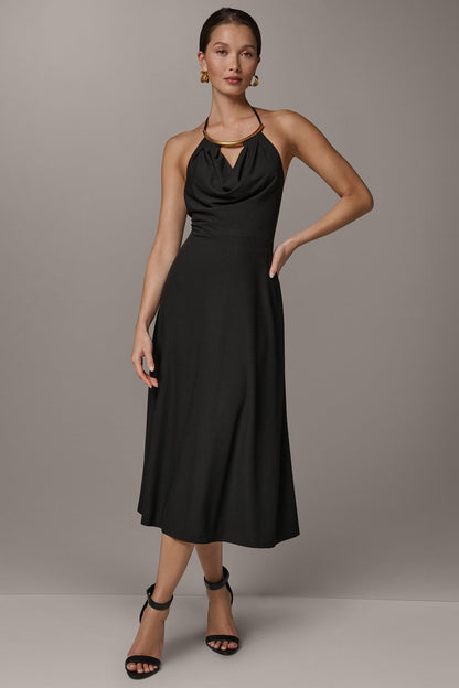 SLEEVELESS COWL NECK MIDI HALTER DRESS