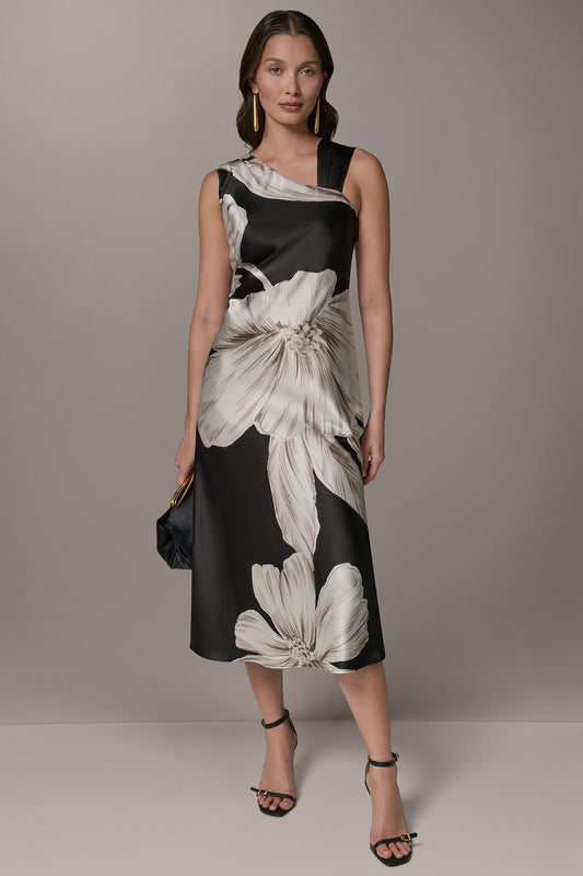SLEEVELESS ASYMMETRIC MIDI HALTER DRESS