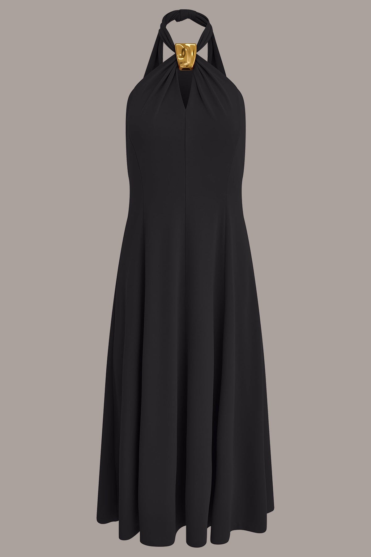 SLEEVELESS MIDI A-LINE HALTER DRESS