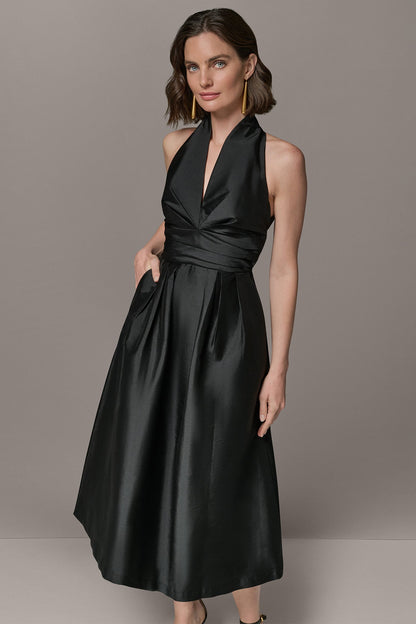 SLEEVELESS V-NECK TAFFETA MIDI COCKTAIL DRESS