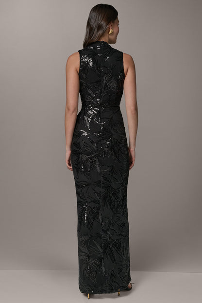 SLEEVELESS WRAP-EFFECT SEQUIN GOWN
