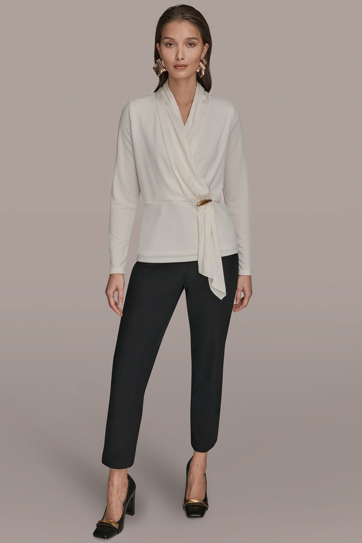 LONG SLEEVE SHAWL-NECK SATIN BLOUSE