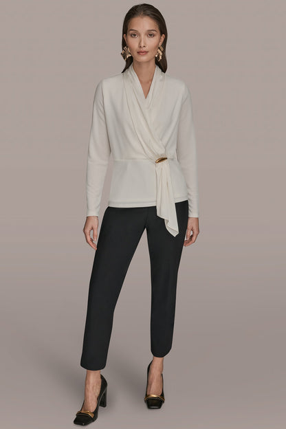 LONG SLEEVE SHAWL-NECK SATIN BLOUSE