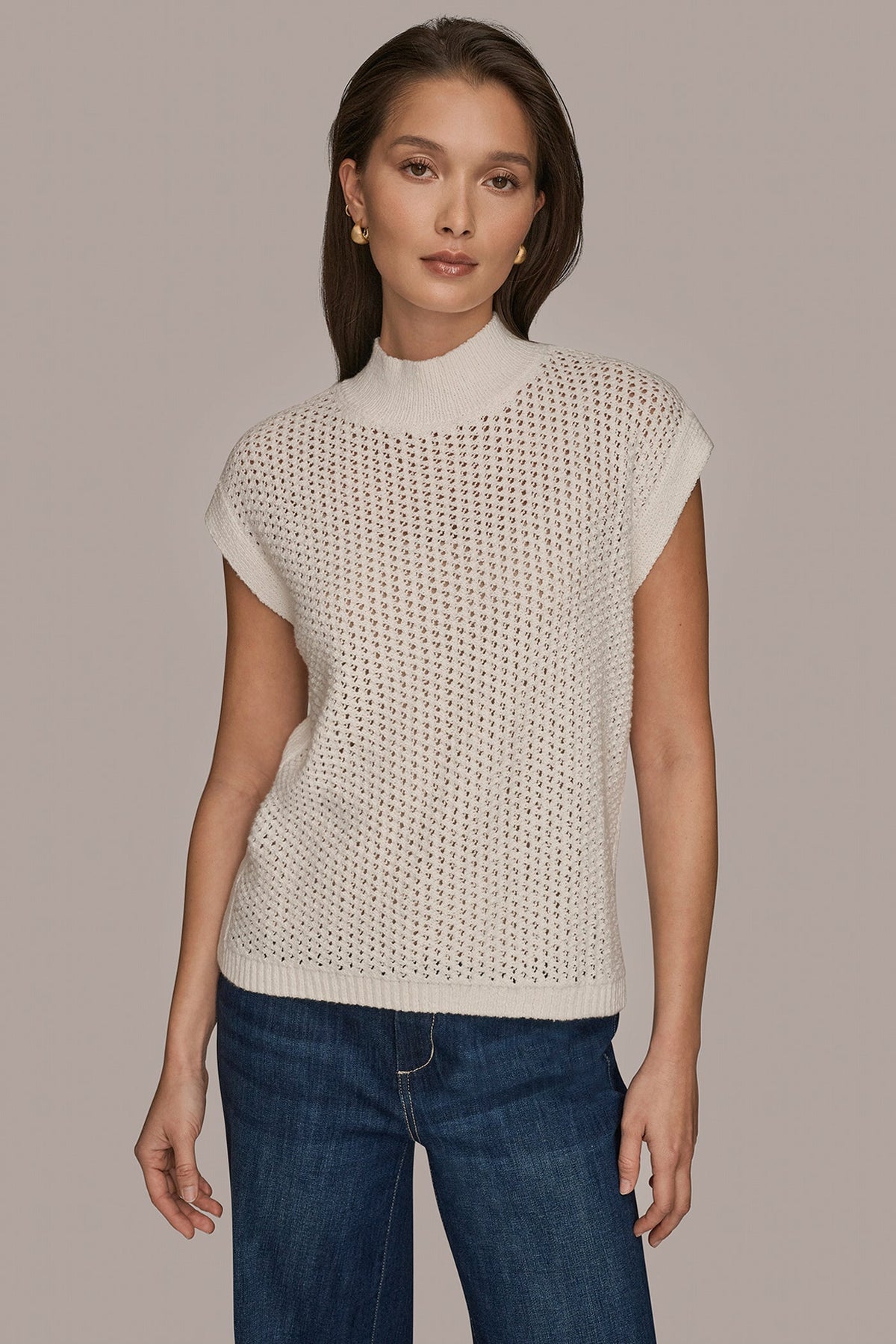 SLEEVELESS MOCK-NECK OPEN STITCH SWEATER