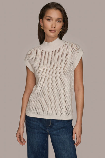 SLEEVELESS MOCK-NECK OPEN STITCH SWEATER