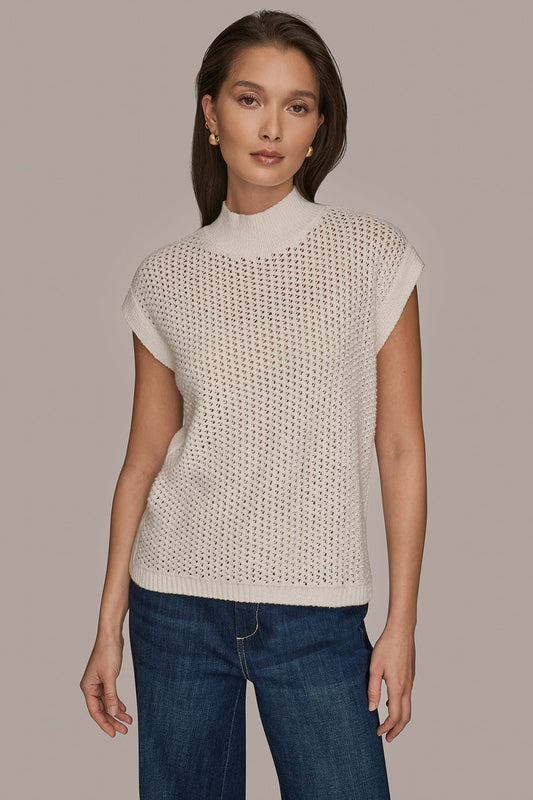 SLEEVELESS MOCK-NECK OPEN STITCH SWEATER