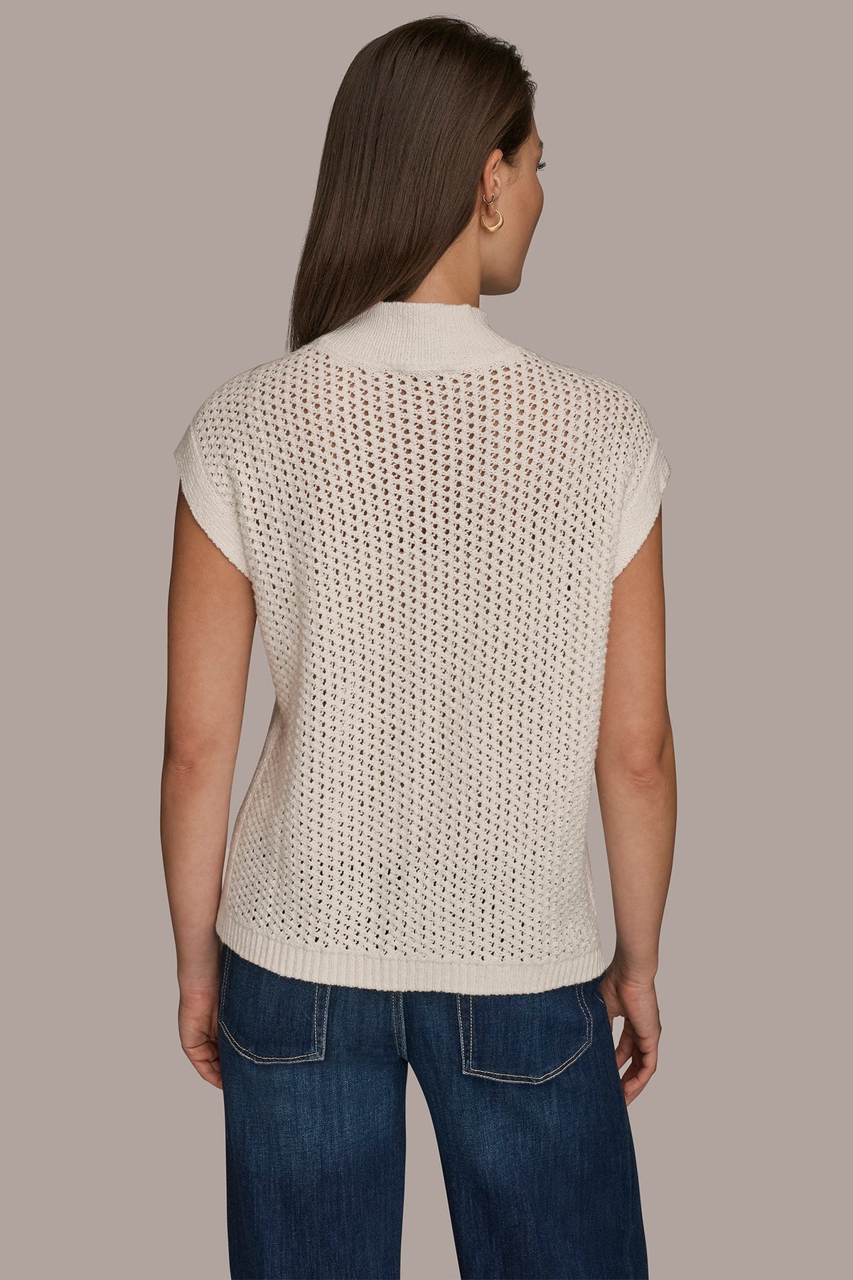 SLEEVELESS MOCK-NECK OPEN STITCH SWEATER