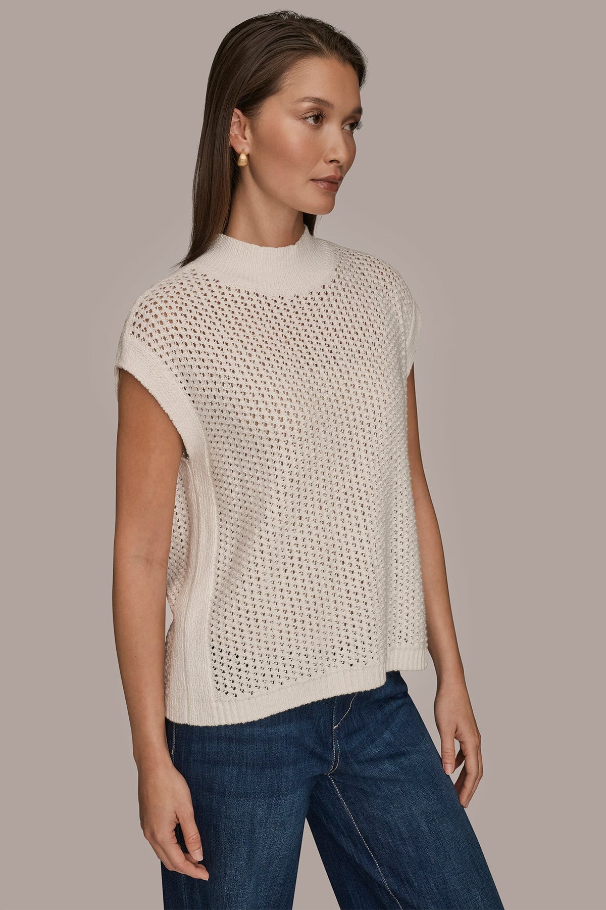 SLEEVELESS MOCK-NECK OPEN STITCH SWEATER