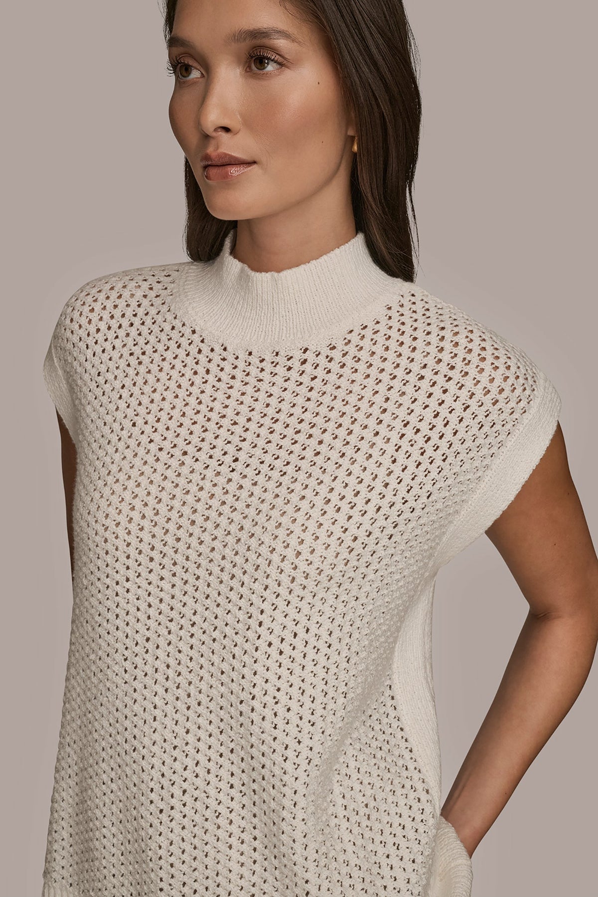 SLEEVELESS MOCK-NECK OPEN STITCH SWEATER