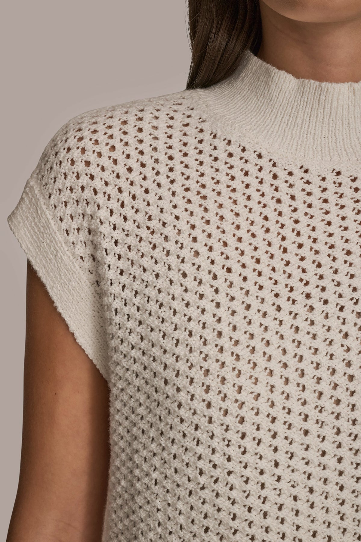 SLEEVELESS MOCK-NECK OPEN STITCH SWEATER
