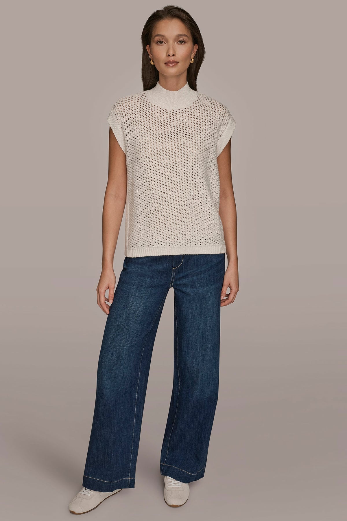 SLEEVELESS MOCK-NECK OPEN STITCH SWEATER