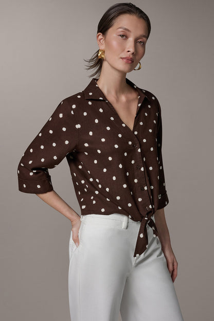 ELBOW SLEEVE POLKA DOT TIE FRONT BLOUSE