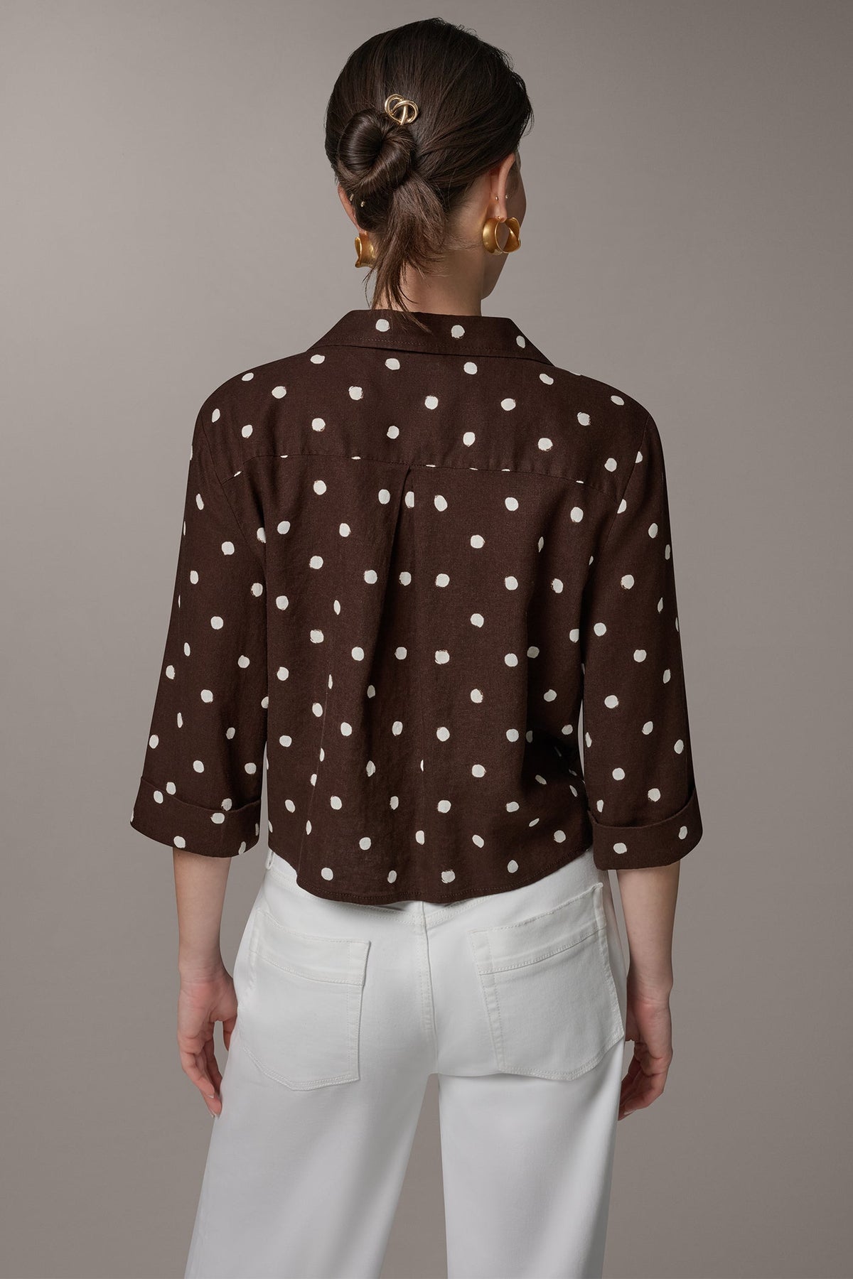 ELBOW SLEEVE POLKA DOT TIE FRONT BLOUSE