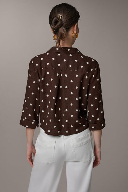 ELBOW SLEEVE POLKA DOT TIE FRONT BLOUSE