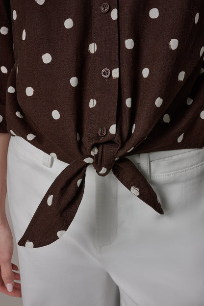 ELBOW SLEEVE POLKA DOT TIE FRONT BLOUSE