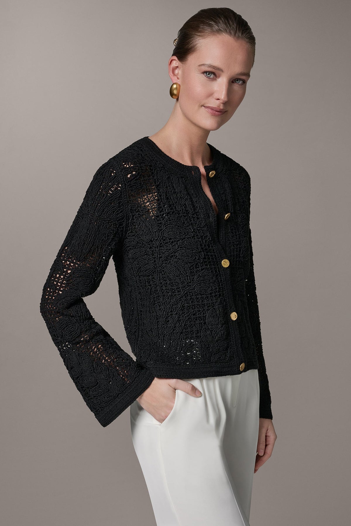 BELL SLEEVE FLORAL CROCHET JACKET
