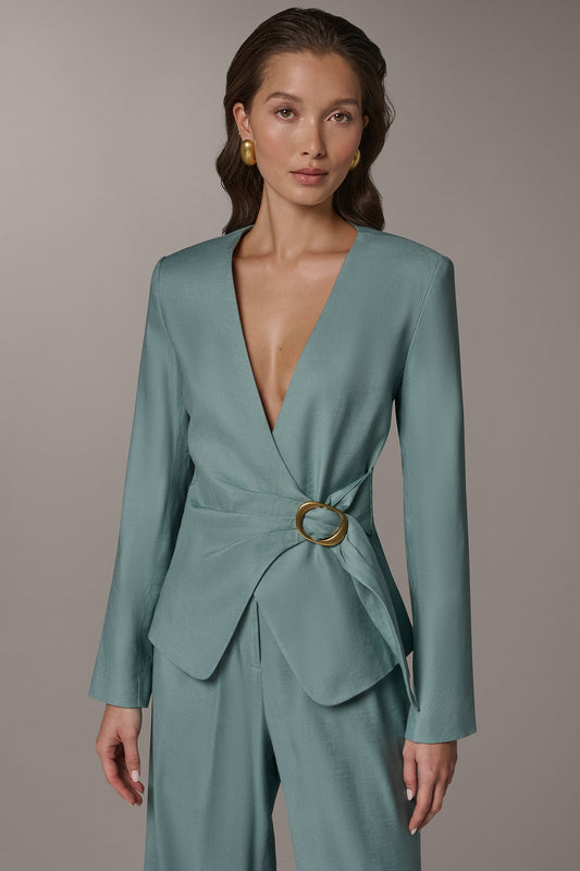 LINEN-BLEND WRAP-EFFECT BUCKLE JACKET