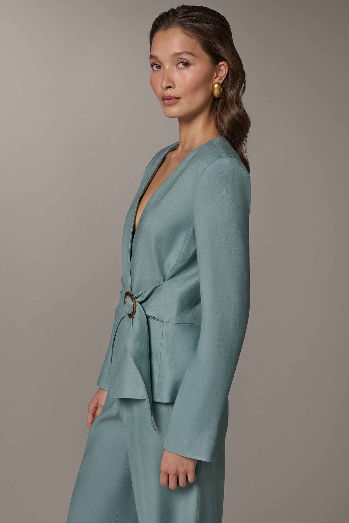LINEN-BLEND WRAP-EFFECT BUCKLE JACKET