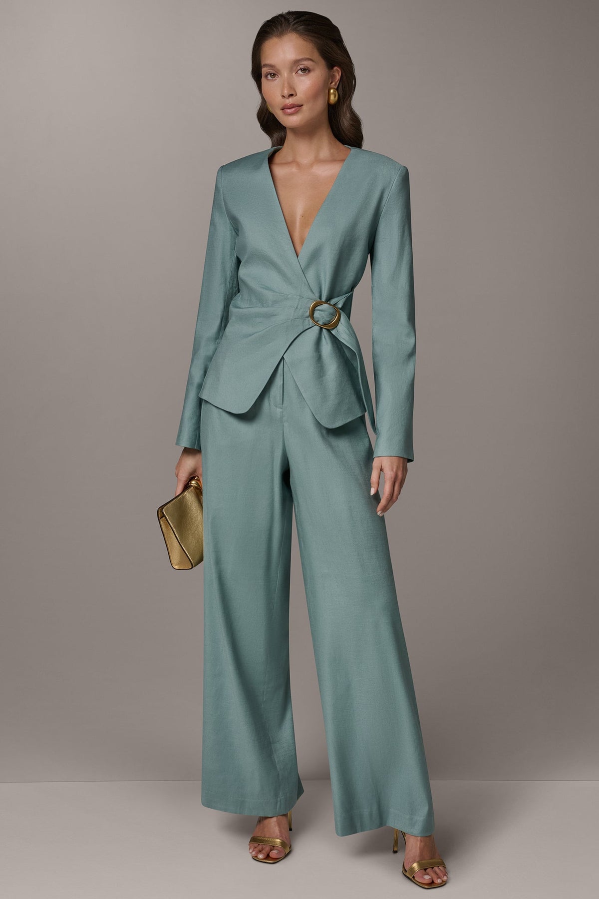 LINEN-BLEND WRAP-EFFECT BUCKLE JACKET