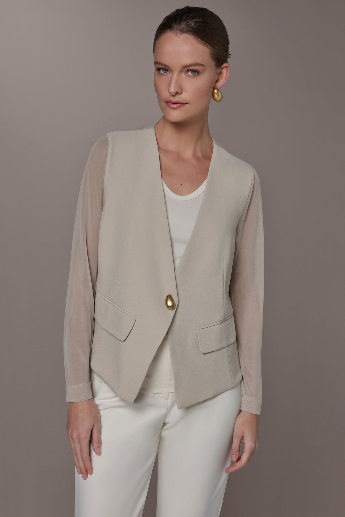 CHIFFON PANELED ONE BUTTON JACKET