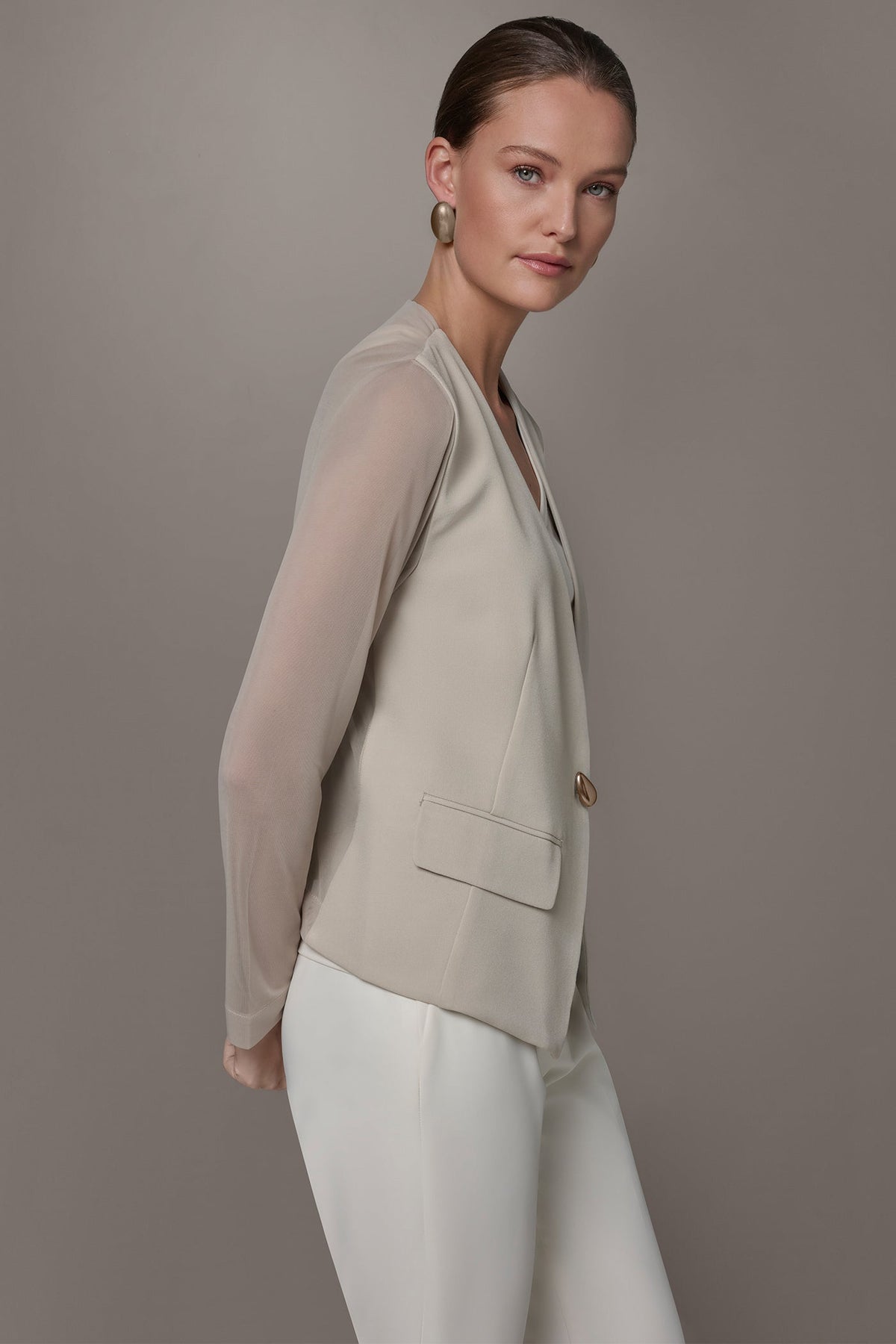 CHIFFON PANELED ONE BUTTON JACKET