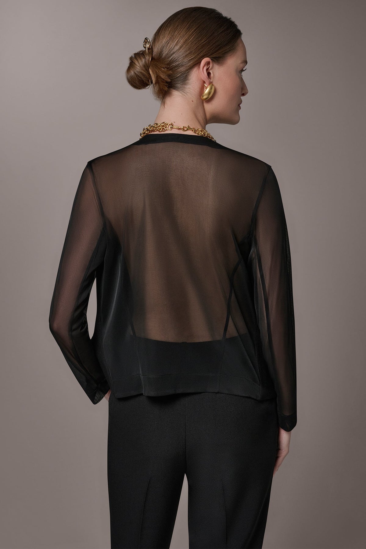 CHIFFON PANELED ONE BUTTON JACKET