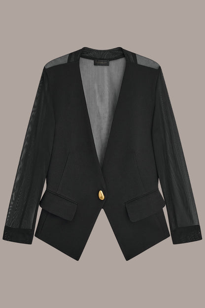 CHIFFON PANELED ONE BUTTON JACKET