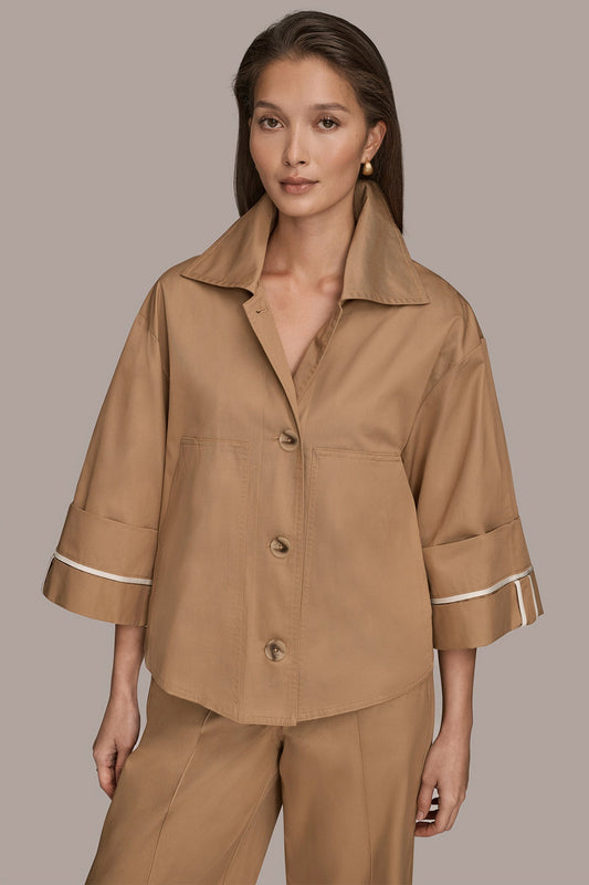 3/4-SLEEVE COTTON GABARDINE SWING JACKET