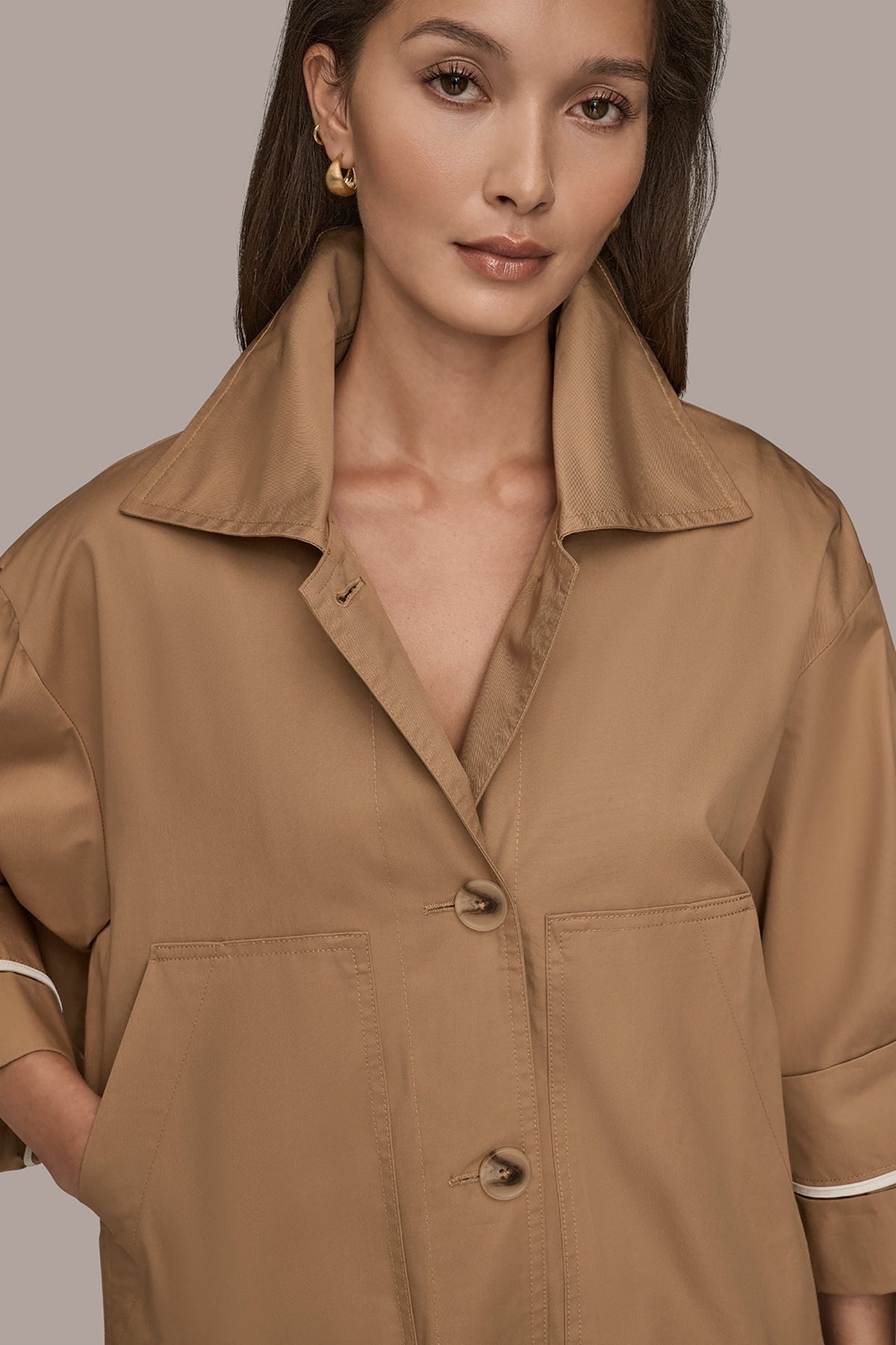 3/4-SLEEVE COTTON GABARDINE SWING JACKET