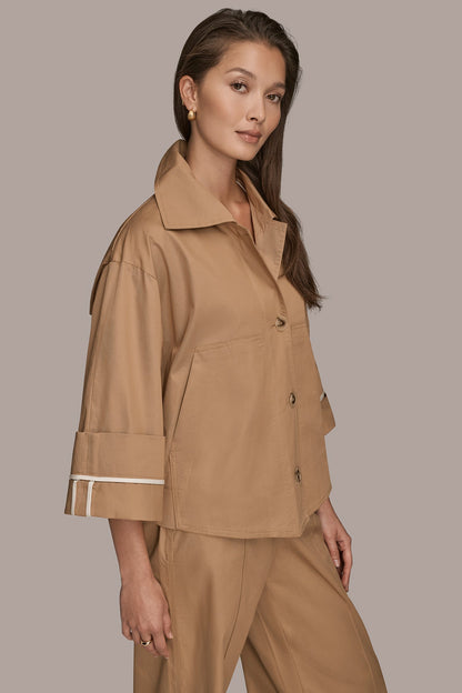 3/4-SLEEVE COTTON GABARDINE SWING JACKET